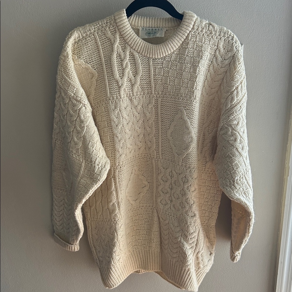 Blarney Woolen Mills Aran Cable Knit Crewneck Sweater in Linen
